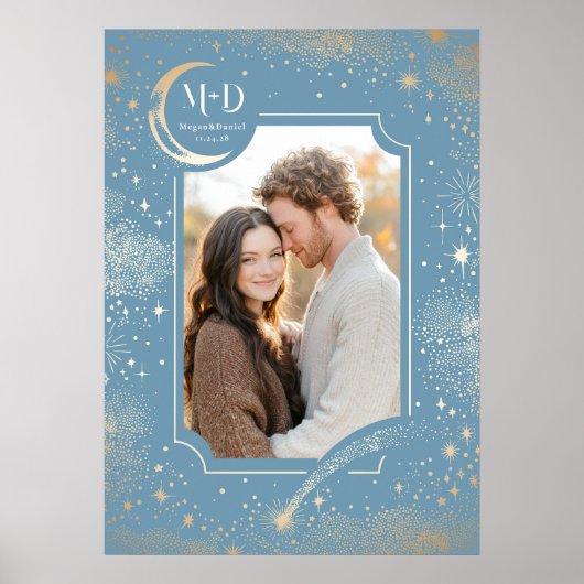 Hochzeit Foto Celestial Light Blue Stars Moon Poster (Vorne)