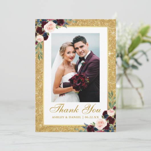 Hochzeit Foto Gold Glitzer Burgundy Blue Floral Dankeskarte (Stehend Vorderseite)