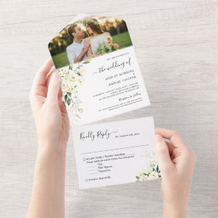 Hochzeit Foto Greenery Elfenbein Weißes goldenes B All In One Einladung