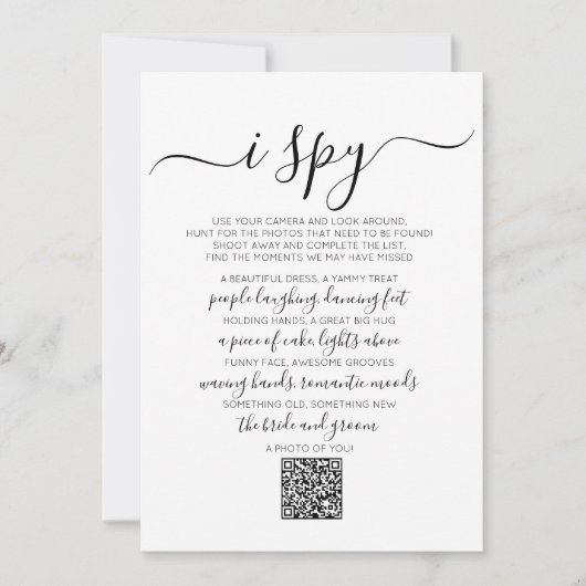 Hochzeit Foto Hunt Game I Spy Game QR Code Card Einladung (Vorderseite)