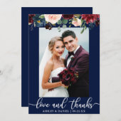 Hochzeit Foto Liebe Dank Burgundy Floral Blue Dankeskarte (Vorne/Hinten)
