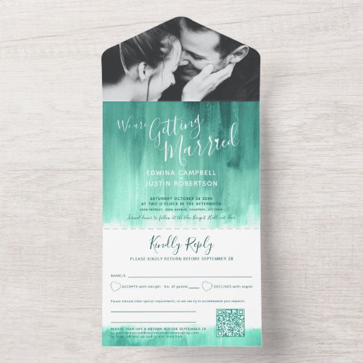 Hochzeit Foto Smarald uAwg QR verheiratet All In One Einladung (Innen Boden)