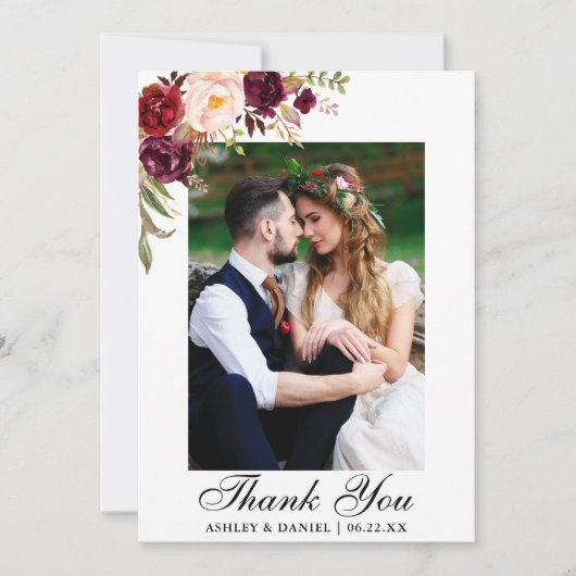 Hochzeit Foto Watercolor Floral Burgundy Dankeskarte (Vorderseite)