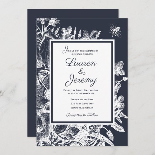 Hochzeit Französischer Bauernhof Floral Navy & Whi Einladung (Vorne/Hinten)