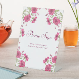 Hochzeit-Gästebuch-Schild mit leuchtend rosa Rose Sockelschild