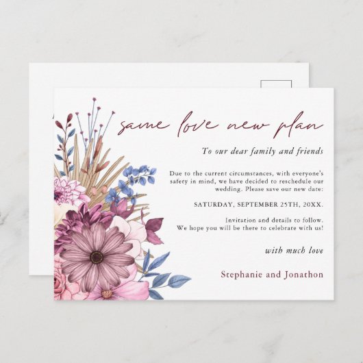 Hochzeit geändert Datum gleiche Liebe Neuer Plan F Ankündigungspostkarte (Vorne/Hinten)