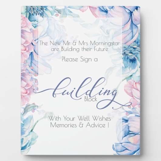 Hochzeit | Gebäude Block Blue Pink Peonies Fotoplatte (Vorderseite)