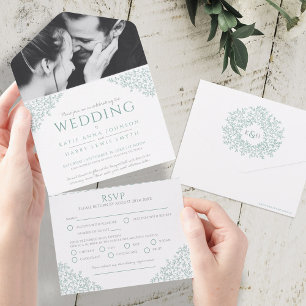 Hochzeit gedämpft grün weiße Blätter Foto Essen Rü All In One Einladung
