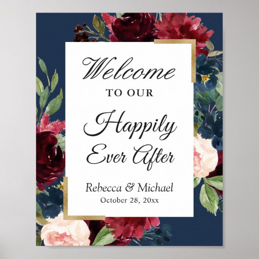 Hochzeit glücklich immer nach Burgund Blue Floral Poster (Vorne)