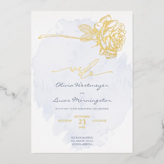 HOCHZEIT | Gold Gilded Rose auf Dusty Blue Folieneinladung (Vorderseite)