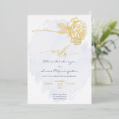 HOCHZEIT | Gold Gilded Rose auf Dusty Blue Folieneinladung (Stehend vorne)