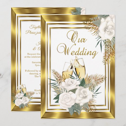 Hochzeit Golden White Rose Champagne Gold 2 Einladung (Vorne/Hinten)