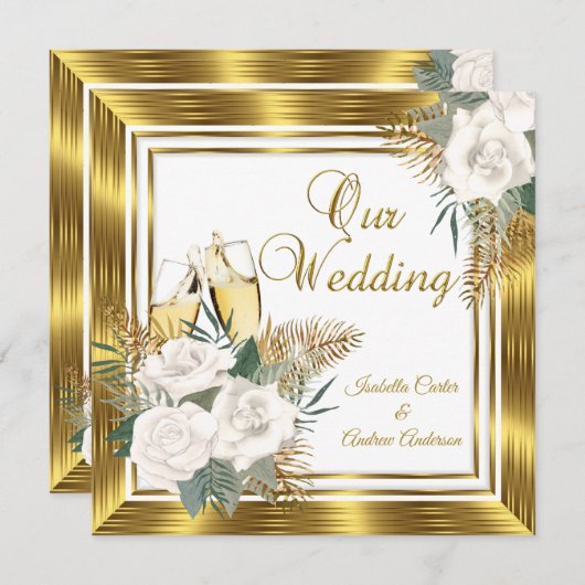 Hochzeit Golden White Rose Champagne Gold Einladung (Vorne/Hinten)