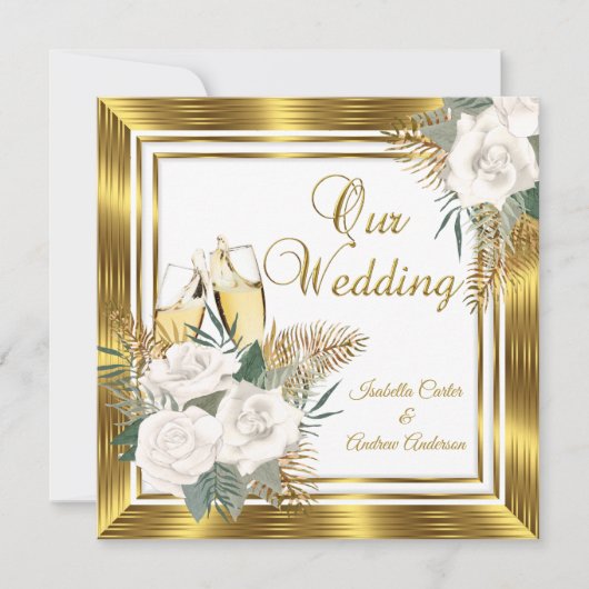 Hochzeit Golden White Rose Champagne Gold Einladung (Vorderseite)