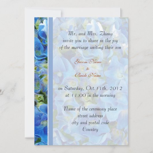 Hochzeit, Grooms Eltern Einladung blauen Hydrangea (Vorderseite)
