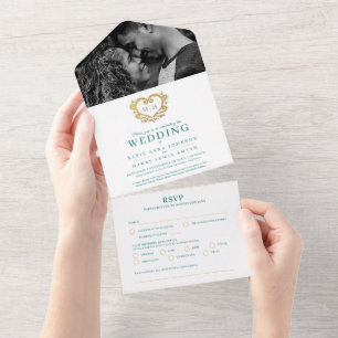 Hochzeit grün weiß dekorativ gold Herz Monogramm All In One Einladung