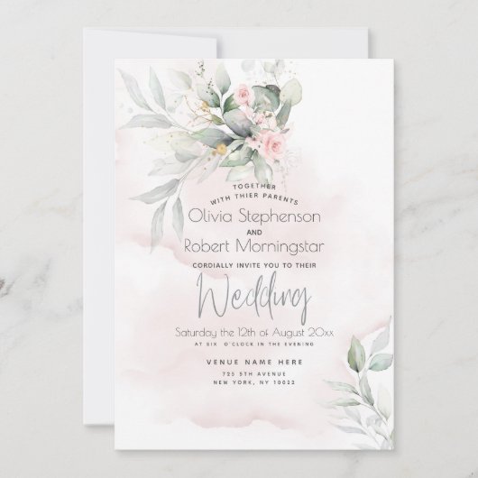 Hochzeit | Grüne Wälder Pale Pink Rose Einladung (Vorderseite)