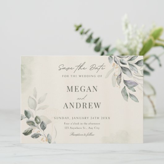 Hochzeit grüner Blätter Save The Date (Stehend Vorderseite)