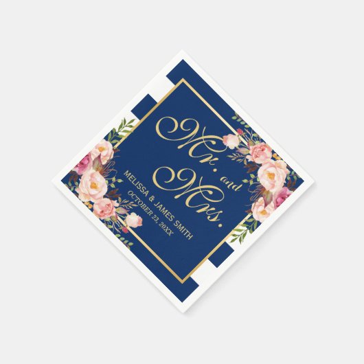 Hochzeit Herr und Frau Floral Gold Navy Blue Strei Serviette (Ecke)
