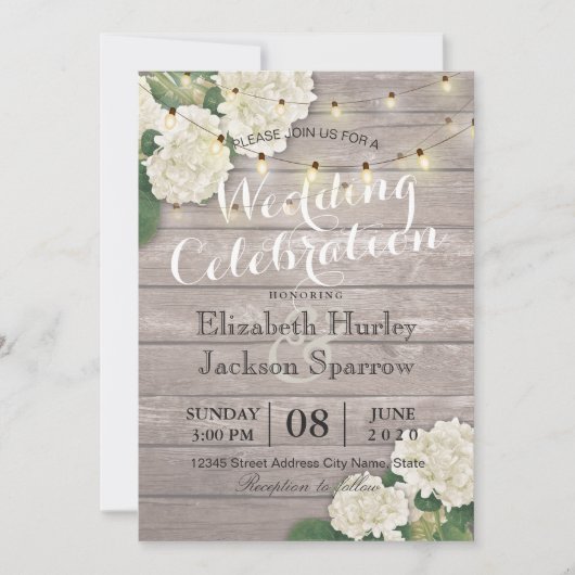 Hochzeit Hydrangea Blume String Lights Rustikales Einladung (Vorderseite)