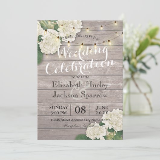 Hochzeit Hydrangea Blume String Lights Rustikales Einladung (Stehend Vorderseite)