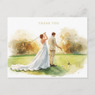 Hochzeit im Golf mit Braut und Bräutigam mit Text Postkarte