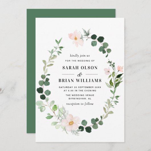 Hochzeit im Grünen mit Blumen Einladung (Vorne/Hinten)