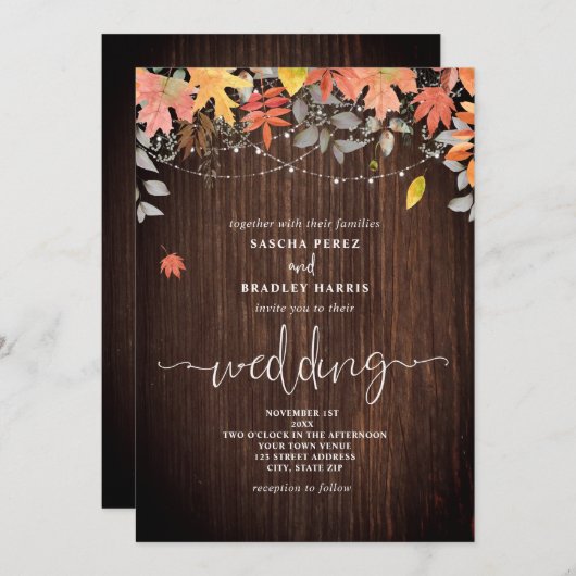 Hochzeit im Herbst aus Holzblättern Blätter String Einladung (Vorne/Hinten)