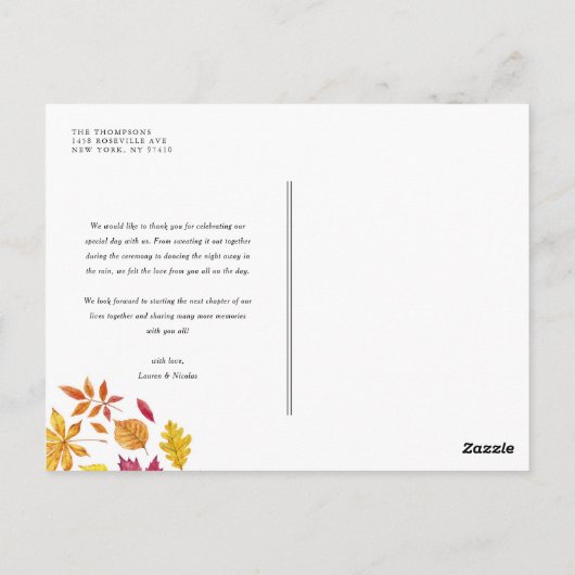Hochzeit im Herbst Blätter mit Wasserfarbe Danke Postkarte (Rückseite)