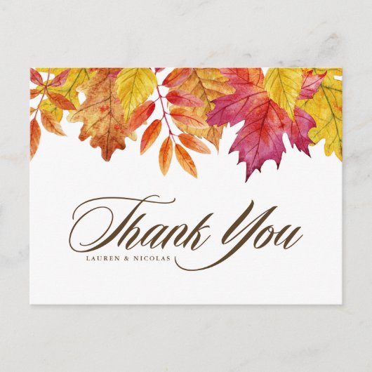 Hochzeit im Herbst Blätter mit Wasserfarbe Danke Postkarte (Vorderseite)