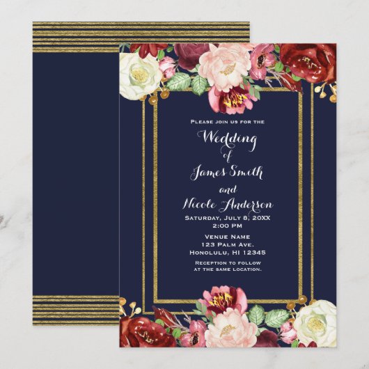 Hochzeit im Herbst Blue & Gold Chic Bold Floral Ma Einladung (Vorne/Hinten)