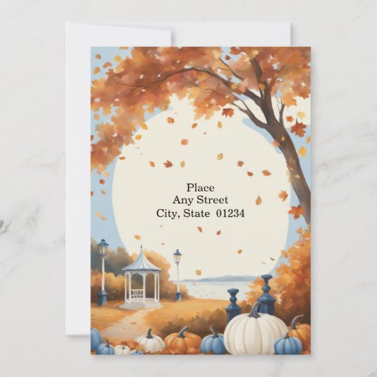 Hochzeit im Herbst Blue White Pumpkins Einladung (Rückseite)