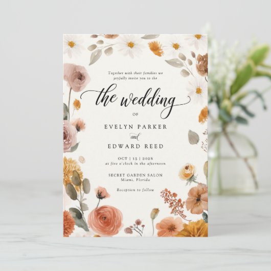 Hochzeit im Herbst Boho Blume Einladung (Stehend Vorderseite)