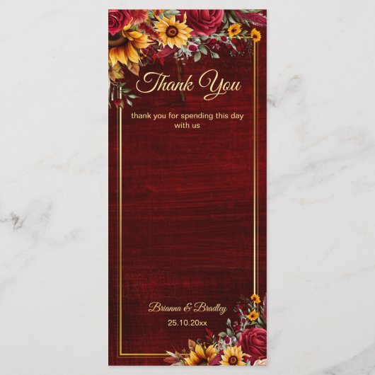 Hochzeit im Herbst Bordeaux Rose Sonnenblumen Menükarte (Rückseite)