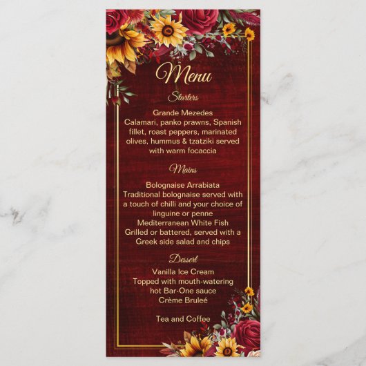 Hochzeit im Herbst Bordeaux Rose Sonnenblumen Menükarte (Vorderseite)