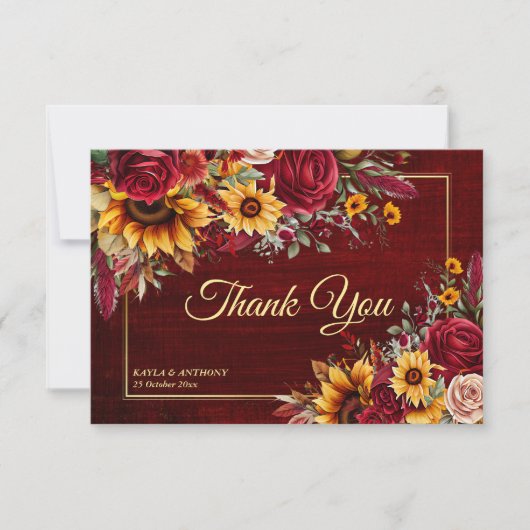 Hochzeit im Herbst bordeauxfarbene Rose Gelbe Sonn Dankeskarte (Vorderseite)