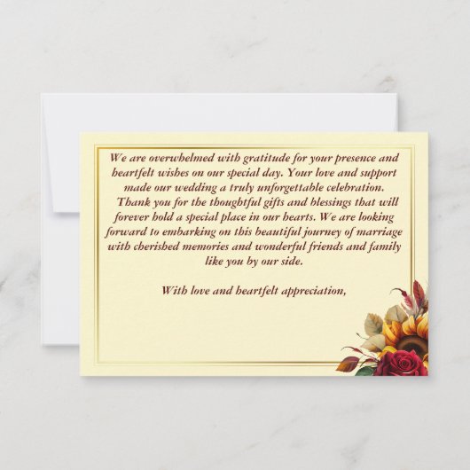 Hochzeit im Herbst bordeauxfarbene Rose Gelbe Sonn Dankeskarte (Rückseite)