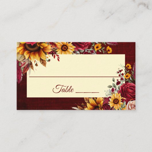 Hochzeit im Herbst bordeauxfarbene Rose Gelbe Sonn Platzkarte (Vorderseite)