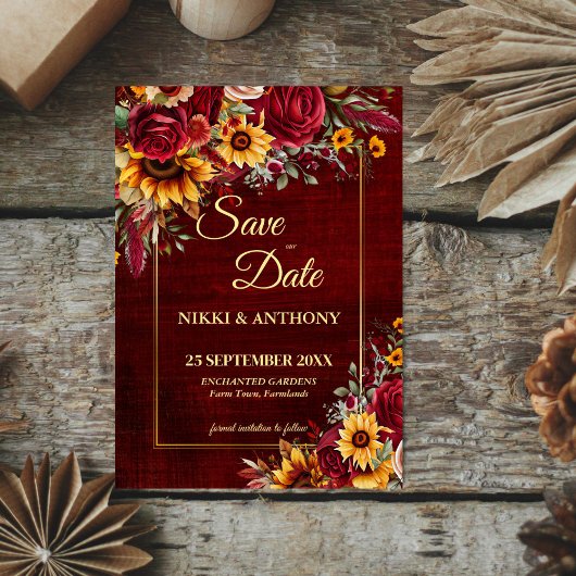 Hochzeit im Herbst bordeauxfarbene Rose Gelbe Sonn Save The Date