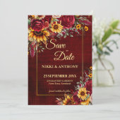 Hochzeit im Herbst bordeauxfarbene Rose Gelbe Sonn Save The Date (Stehend Vorderseite)