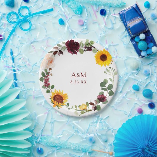 Hochzeit im Herbst Brautparty Sonnenblumen Burgund Pappteller (Party)