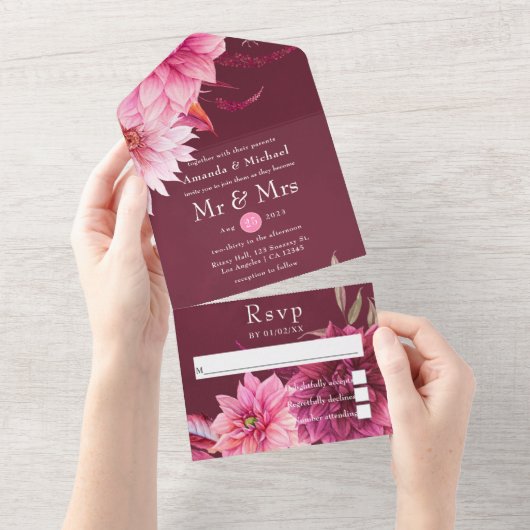 Hochzeit im Herbst Burgund und Blüten im Herbst All In One Einladung (Abreißen)