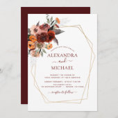 Hochzeit im Herbst Burgundy Gold Floral Einladung (Vorne/Hinten)
