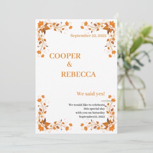 Hochzeit im Herbst Cooper & Rebecca Einladungskart Einladung (Stehend Vorderseite)