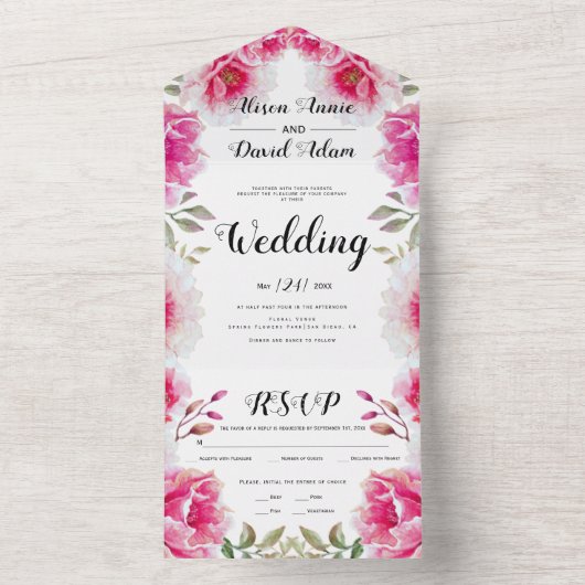 Hochzeit im Herbst der Blume in Rosa All In One Einladung (Innen Boden)