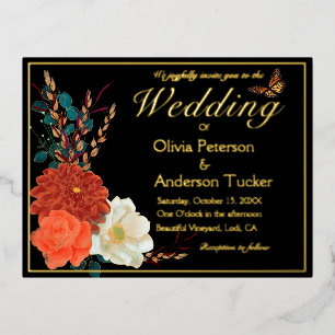 Hochzeit im Herbst Elfenbein QRC Blumenmonarch But Folie Einladungspostkarte