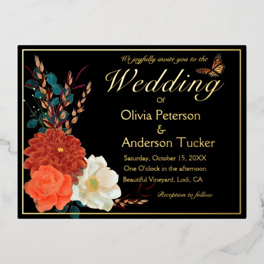 Hochzeit im Herbst Elfenbein QRC Blumenmonarch But Folie Einladungspostkarte (Vorderseite)