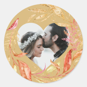 Hochzeit im Herbst Foliage Heart Foto Gold Gelb Runder Aufkleber