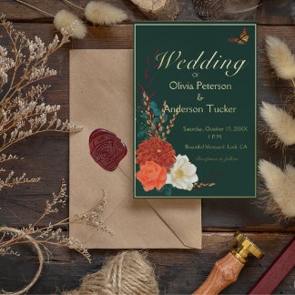Hochzeit im Herbst Forest Green Floral Monarch But Folieneinladung