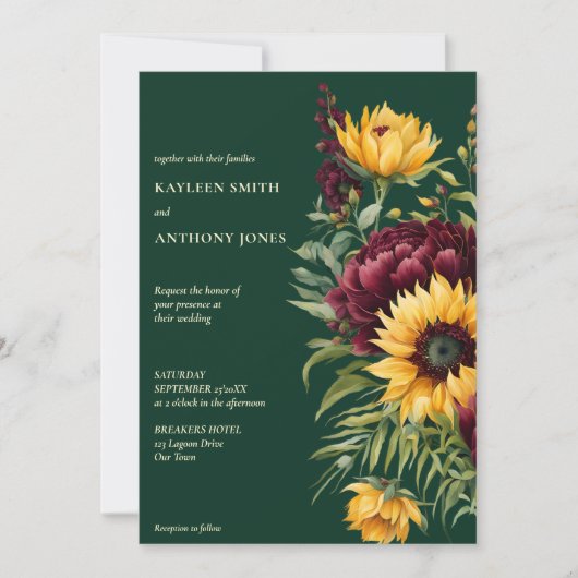 Hochzeit im Herbst Grün rustikale Sonnenblumen in  Einladung (Vorderseite)